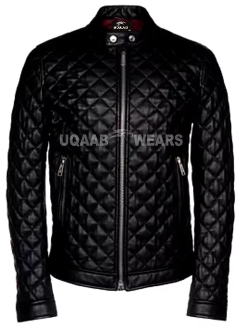 Men Biker Diamond Quilted Vintage Down Real Leather Casual Puffy Fashion Jacket