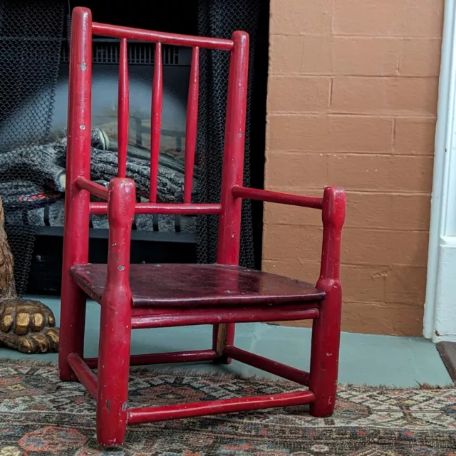 Handmade Wooden Childs Chair Wood Work Vtg 20th Century Furniture Leather Seat