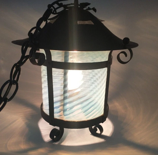 Wrought Iron Spiral French Opalescent Hanging Hall Lamp Vintage Stunning