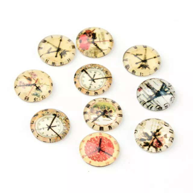 10x Clock Printed Glass Cabochons Embellishment Half Round/Dome Mixed 12x4mm