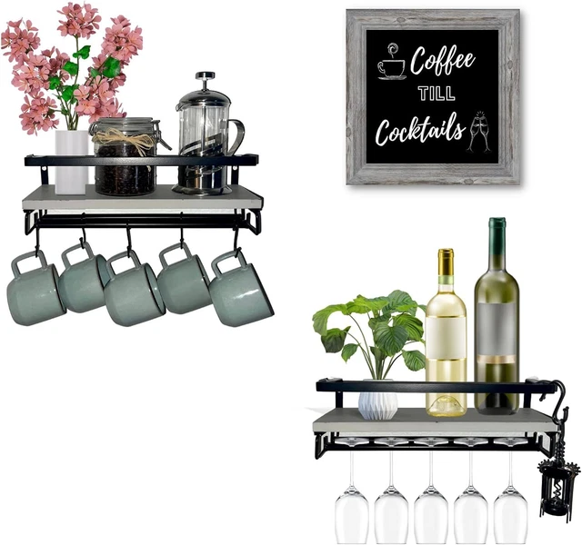 Wine Rack Wall Mounted (Set of 2) – Bottle & Glass Holder Farmhouse Gray
