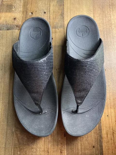 Fitflop Lulu Black Glitter Flip Flops Thong Sandals Size 11