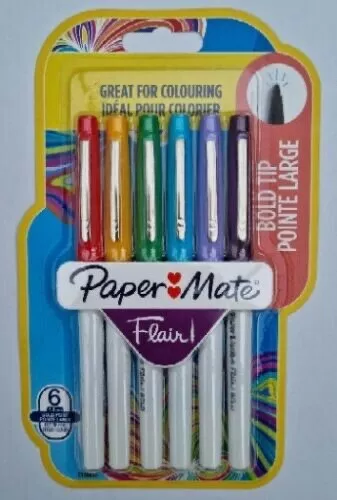 Paper Mate Flair Felt Tip Colouring Pens Bold Tip 1.2mm Tip - 6 Pack - Brand New