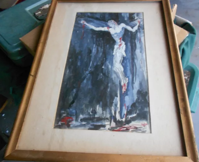 Vintage Religious Modernist Painting Christ On Cross Listed Artist  I Jahns