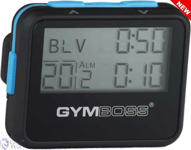 Gymboss Compact Interval Timer Softcoat Black Blue Stopwatch Removable Belt Clip