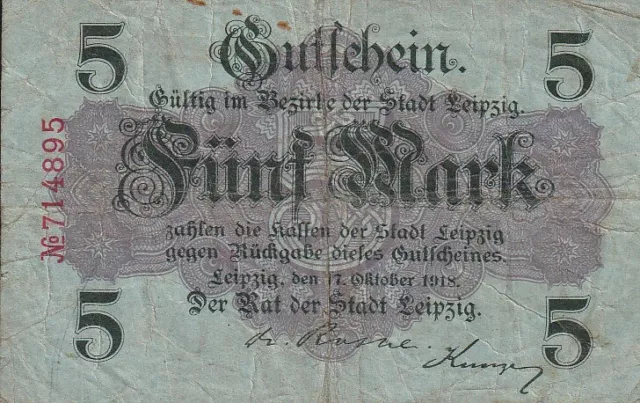 Banknote Gutschein Fünf Mark - Stadt Leipzig - 17. Oktober 1918 - Notgeld 5 Mark
