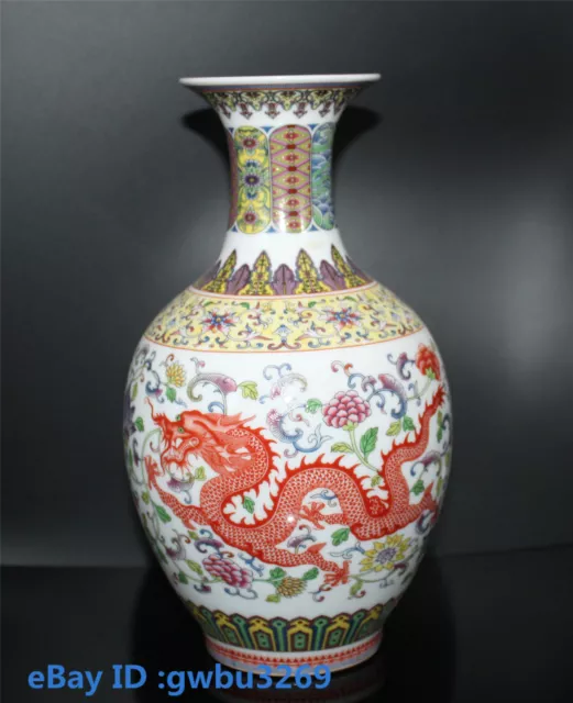 Chinese Porcelain Handwork Painting Dragon & phoenix Vase w Qianlong Mark 23053