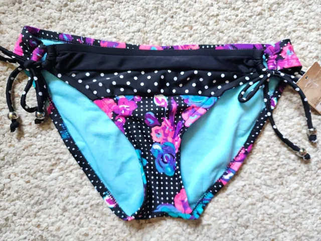 SZ Med Arizona Bikini Bottom Black Pink Flowers Pocka Dots Tie Sides Lined Beads