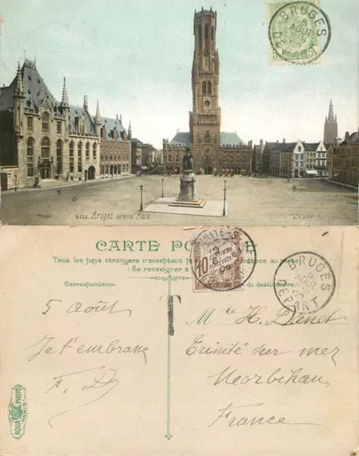 s18313 Grand Place Bruges  Belgium postcard 1909 POSTAGE DUE stamp