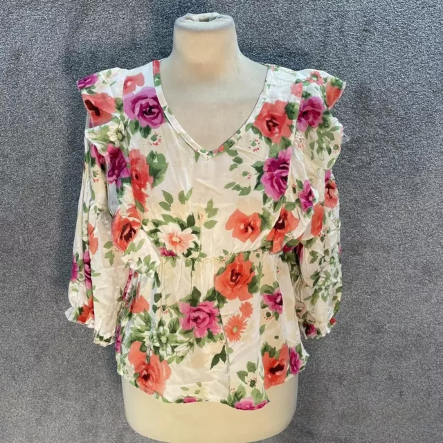 Vintage Cream Floral Blouse Top Woven Frill Pink Purple Balloon Sleeve Uk L Bnwt