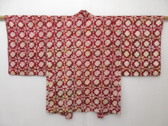 1417T01z440 Vintage Japanese Kimono Silk SHIBORI HAORI Red-Purple Flower