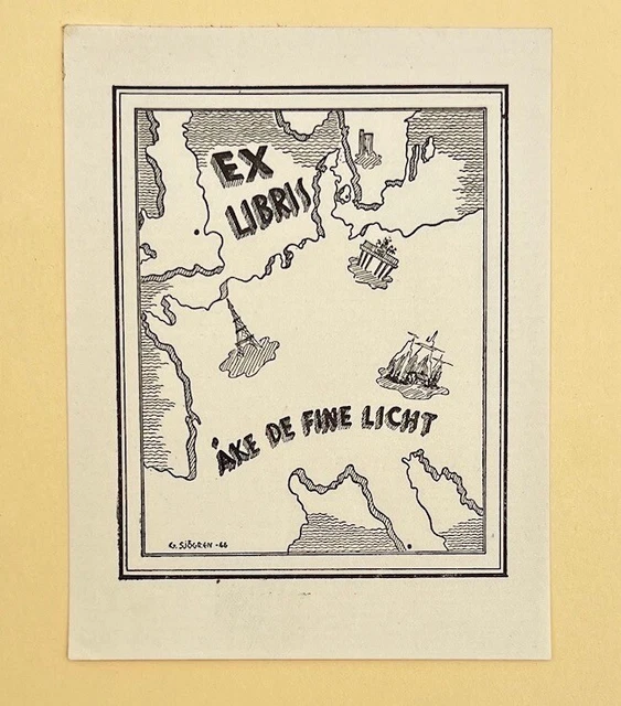 Antique Ex libris - Arthur Sjogren - Map - Continent - Eiffel Tower - Sweden