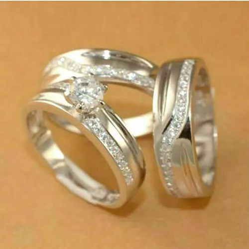 14K White Gold FN Moissanite Wedding Trio His Her Bridal Band Wedding Ring Set
