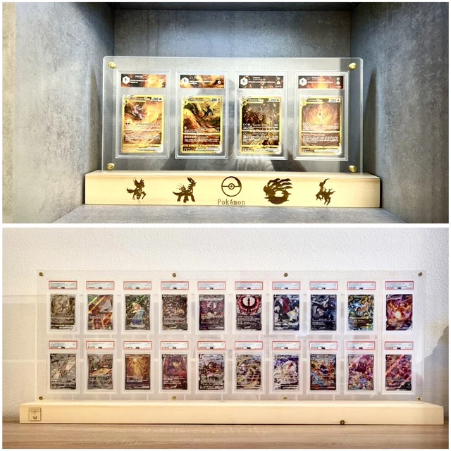 Pokemon Display Frame Stackable POKEMON ESPOSITORE BASE Legno Teca Plexiglass Frame Display Carte ...