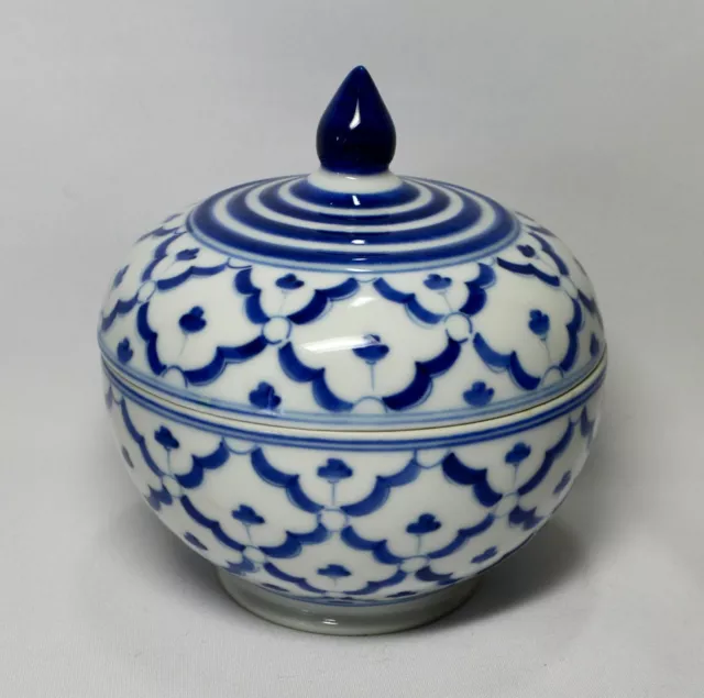 Vintage Blue and White Floral Lidded Jar - Made In Thailand