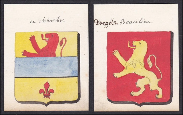 19. Siglo Danzel De Beaulien De Chambre Francia Escudo Abrigo De Arms Acuarela