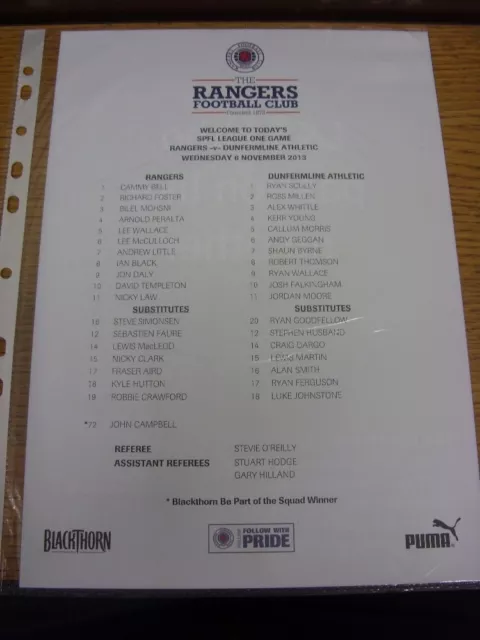 06/11/2013 Colour Teamsheet: Rangers v Dunfermline Athletic  (Folded). Thanks fo