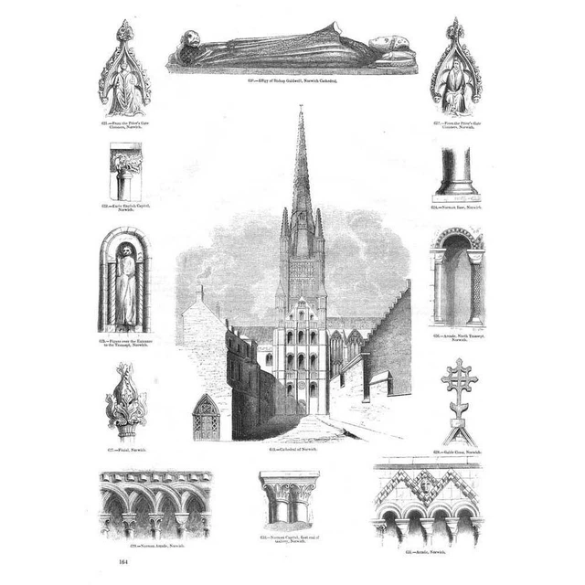 NORWICH CATHEDRAL - Antique Print 1845