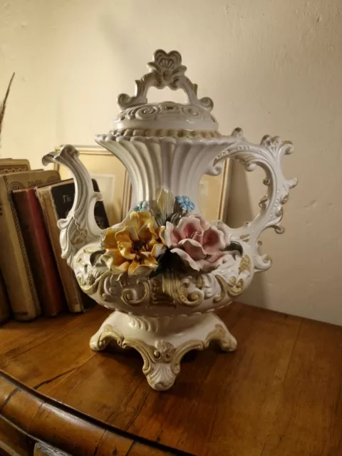 Stunning Huge Vintage 1930s Capidimonte Porcelain Flower Rose Teapot Coffee Pot