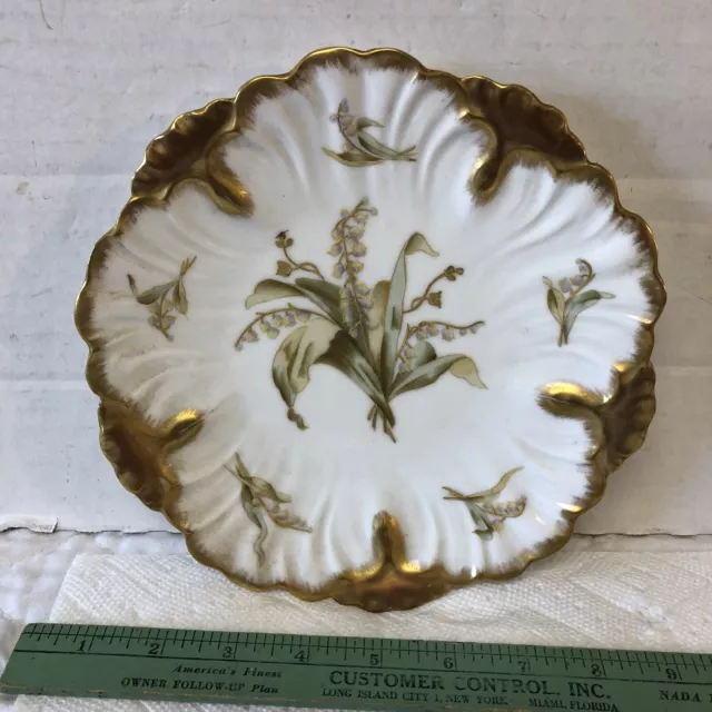 Antique Limoges 8” Plate Lily of the Valley Flowers Gold Gilt Serpentine Edge