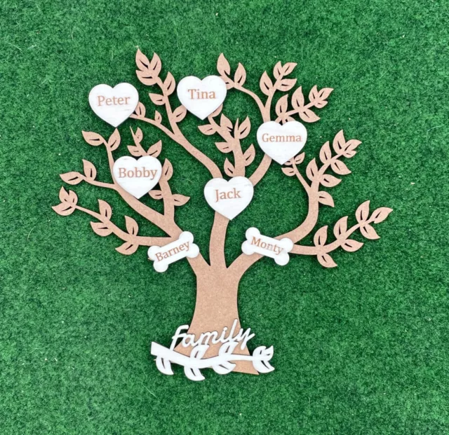 Wooden MDF Family Tree craft shape and up to 10 hearts engraved