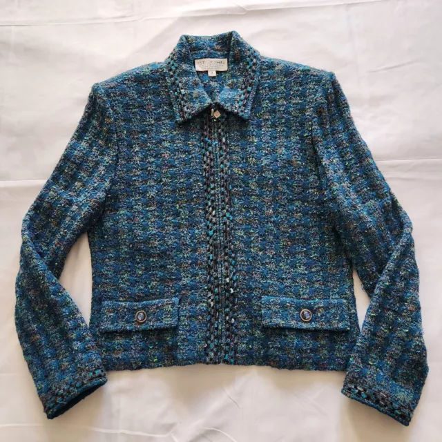 ST. JOHN Collection By Marie Gray Blue Full Zip Tweed Blazer Jacket Women's 12