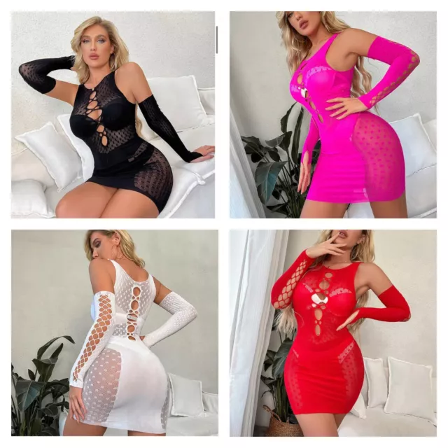 Women  Mini Dress Fishnet Crotchless Sexy Sleepwear Nightwear Lingerie