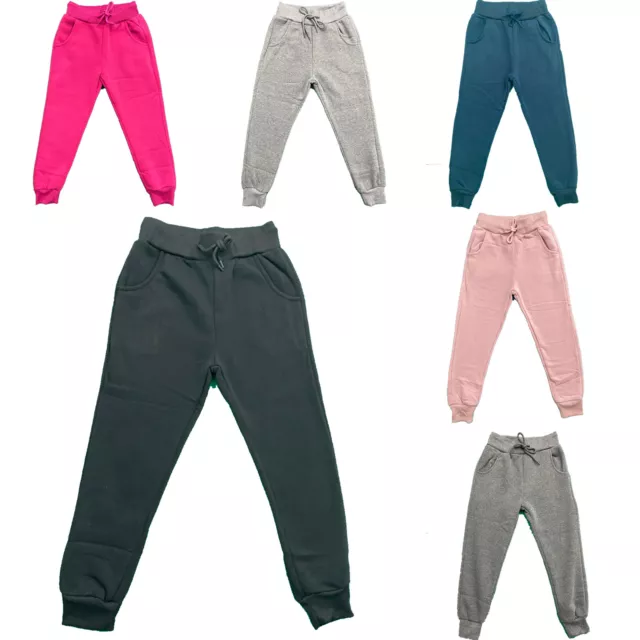 Boys Plain Joggers Girls Kids Jogging Sports Tracksuit Bottoms PE School Fleece