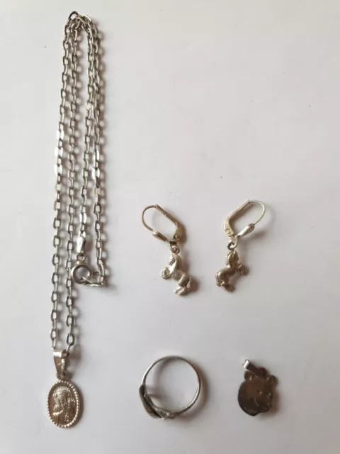 Silber Kinderschmuck Set Bzw Konvolut. Kette,Ohrhänger,Ring u.Anhänger.