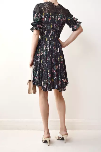 THE KOOPLES Folkloric Green Black Floral Print Plisse Pleat Lace Dress XS/8 £270 2