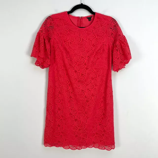 Ann Taylor Loft Coral Lace Overlay Shift Dress Petite Size 2P Flutter Sleeves