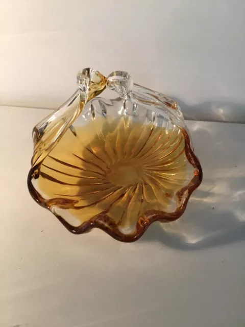 Art Glass Swirl Bowl Basket Clear And Amber Crest rim 5 in Tall Vintage