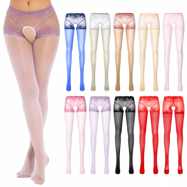 DE Damen Mesh Strumpfhose Offen Schritt Durchsichtige Strümpfe Tights Patchwork