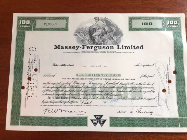 Massey Ferguson Limited Stock Certificate 1968 - 100 Shares