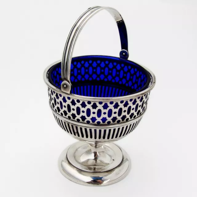 Swing Handle Basket Sterling Silver Cobalt Blue Glass Mono MOC