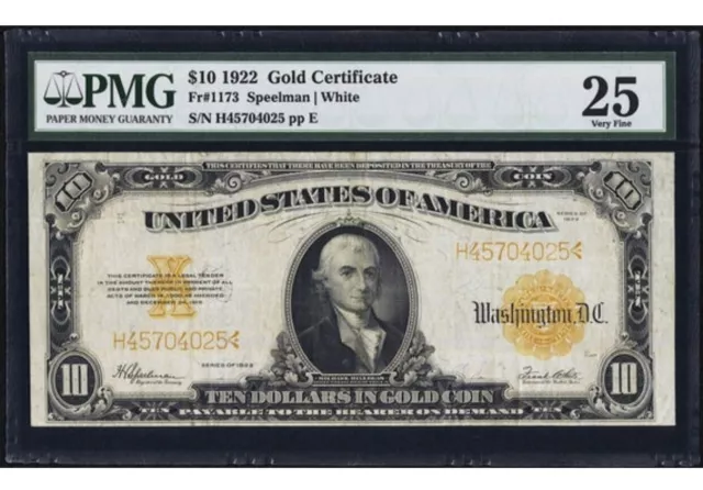 1922 $10 Ten Dollars U.S. Gold Certificate Large Size Bank Note (PMG 25)