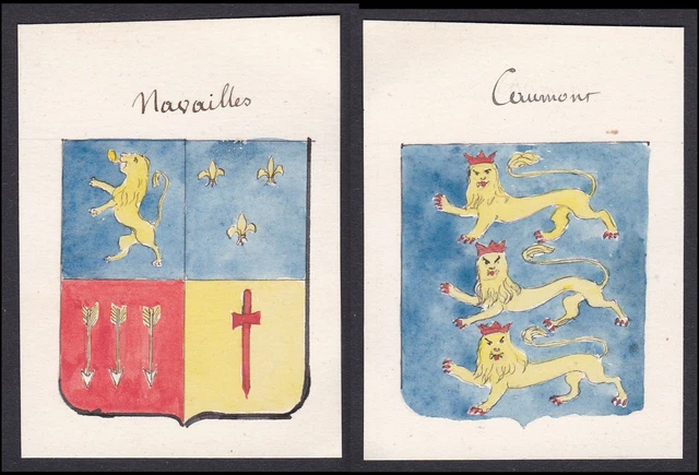 19. Siglo Navailles Caumont Francia Escudo Nobleza Abrigo De Arms Acuarela