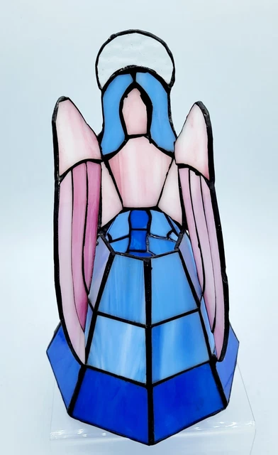vintage stained glass angel figurine 10” votive candle. Blue pinks 2