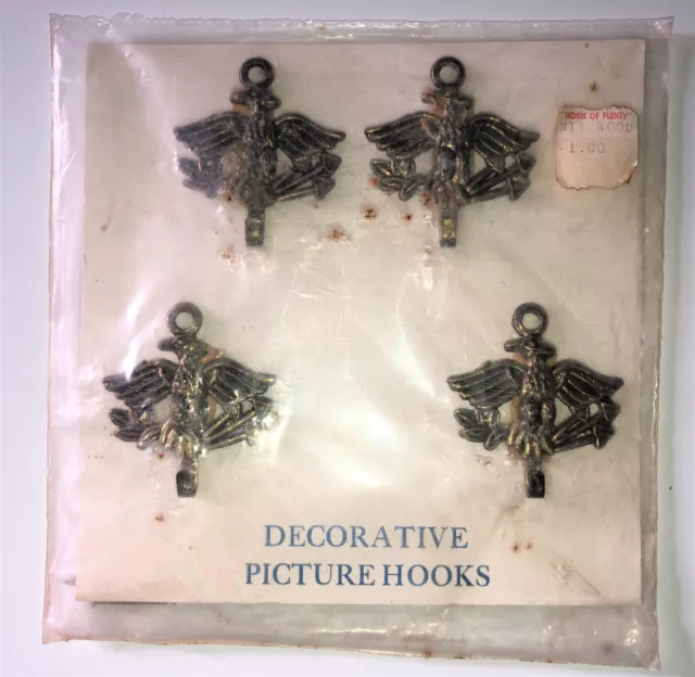 NOS Set of 4 Metal Picture Hooks American Eagle Great Seal 1.5" Vintage Sealed