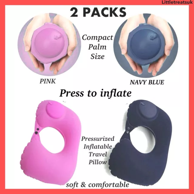 2 x INFLATABLE U SHAPE TRAVEL NECK PILLOWS, COMPACT, LIGHT & SOFT, PINK & BLUE