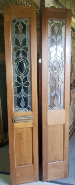 Pair of Textured Leaded Stained Glass Doors in Wood Frames  14" x 82"