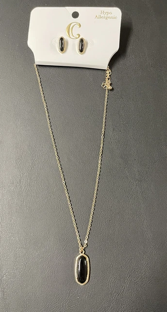 Charming Charlie Gold and Black Pendant Necklace and Stud Earrings