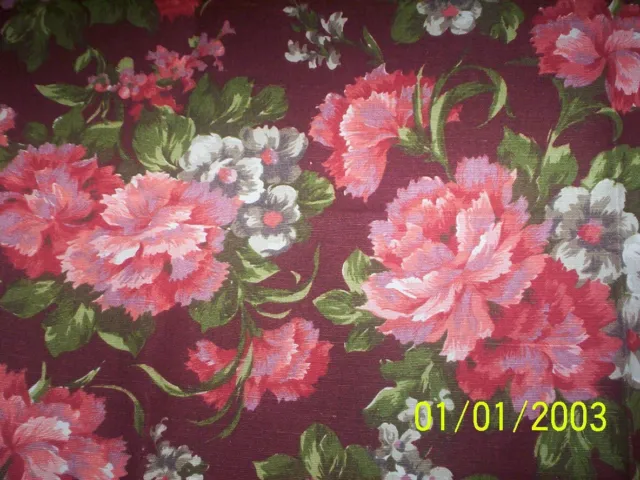 Vintage roses carnations heavy linen mid-century fabric red pink 2.4 yards