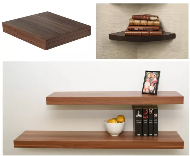 Walnut Wood Effect Floating Shelf Wall Mounted Storage Unit Shelving Display Kit