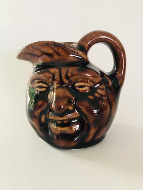 VINTAGE MAN in the MOON. SMILING BROWN GLAZED Art Pottery Mini Pitcher