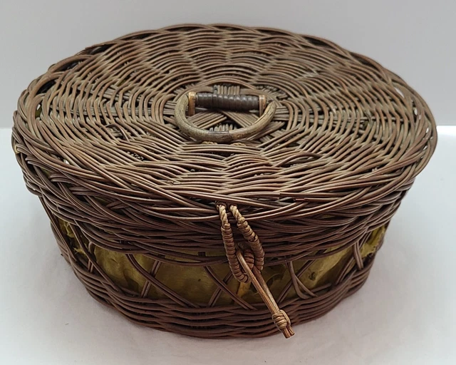 Antique 1920's Sewing Basket  Wicker Yellow Brown Green White