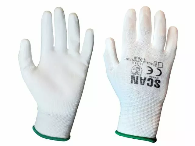 Scan - Guantes Blancos Recubiertos De PU - M (Talla 8) (Pack 12)