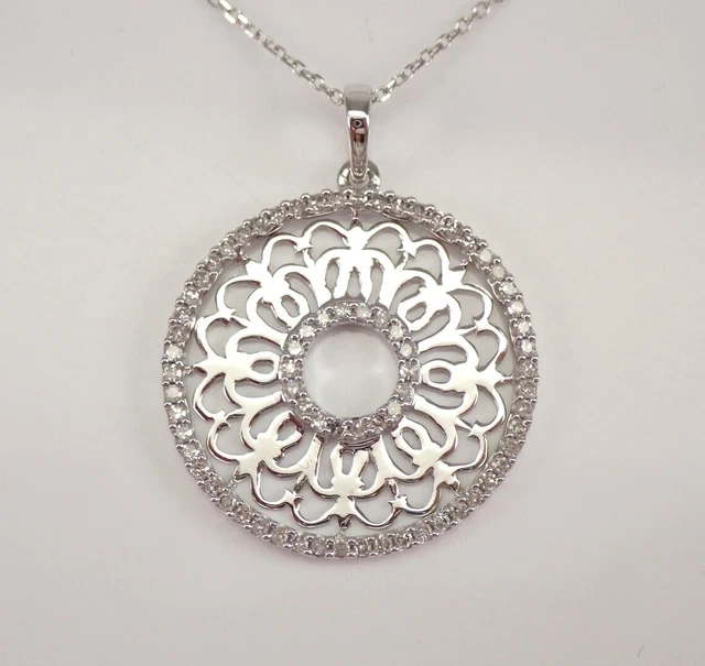 14K White Gold Plated Moissanite Circle Pendant Necklace MANDALA Design 18"Chain
