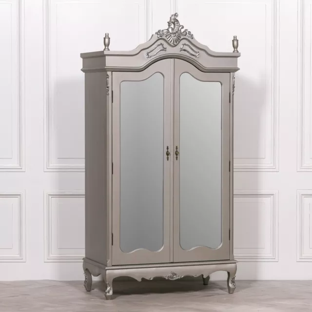 French Antique Silver Chateau Shabby Chic Mirrored Double Armoire Wardrobe