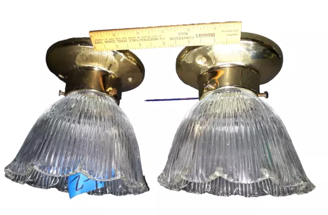 Vintage PAIR Brass Ceiling Flush Mount Holophane STYLE  Glass Shade H2